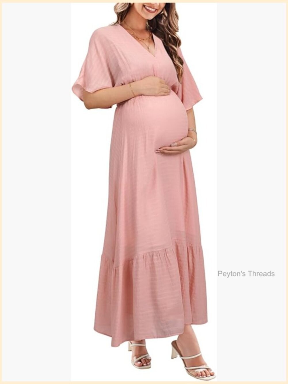 Women's Short Sleeve V Neck Tiered Boho Flowy Long Maxi Maternity Dress